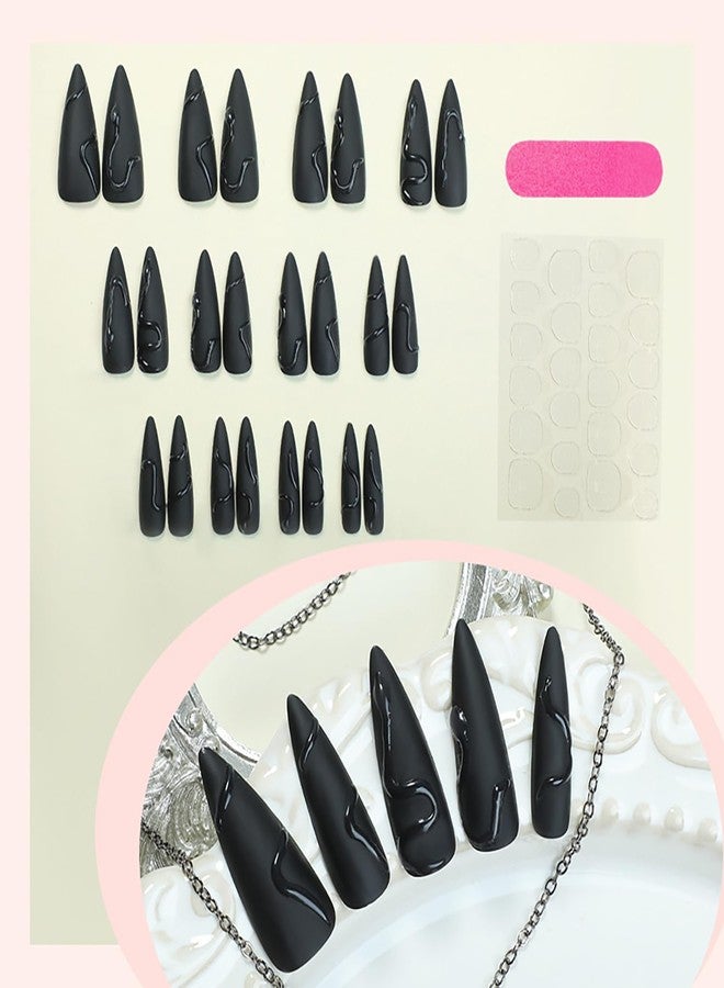 GRITOSE 24 Pcs Matte Black Press on Nails Stiletto Long Fake Nails with Glue Full Cover Artificial False Nails with Snake Design Acrylic Black Nails Press ons Halloween Nail Reusable Stick on Nail for Women - Image 2